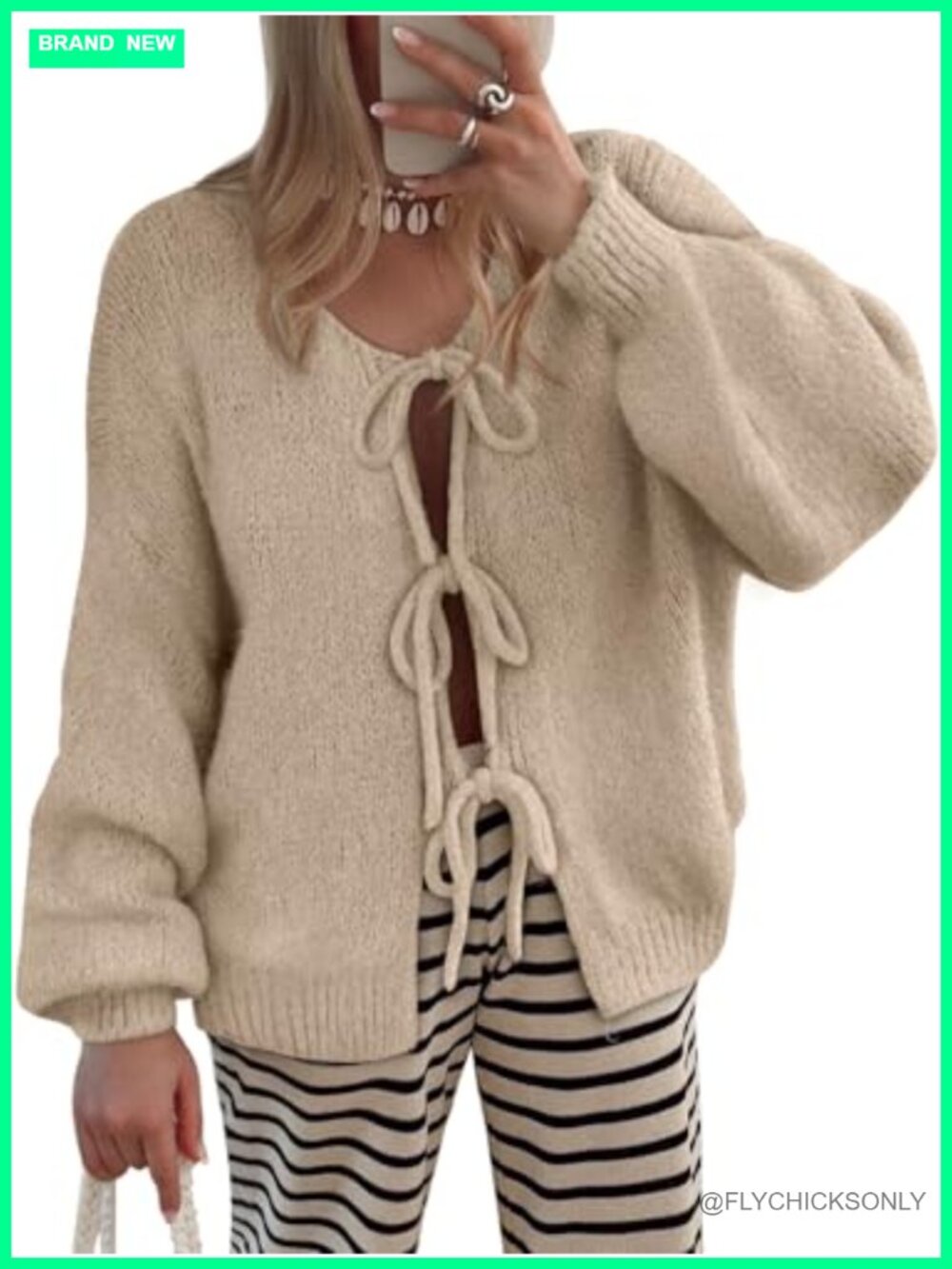 Tie Front Cardigan Sweater Puff Sleeve Bow Knit Women Fall Layering